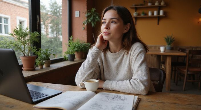 Een jonge vrouw denkt rustig terwijl ze aan een tafel werkt. Een jonge vrouw denkt rustig na over een succesvol sexdating profiel terwijl ze aan een tafel werkt.