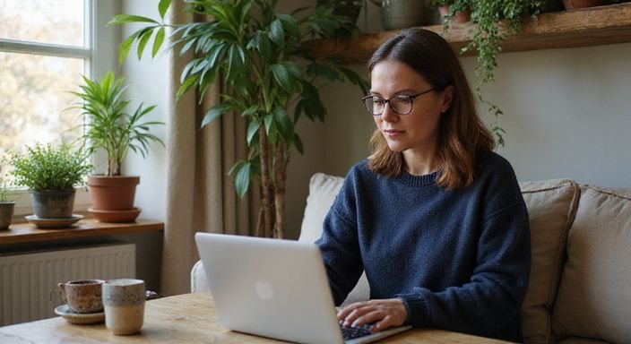 Een vrouw in een sweater typt geconcentreerd op een laptop