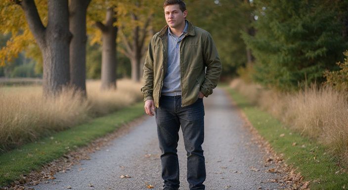 Een ontspannen persoon in een windjack op een grindpad. Een ontspannen persoon in een windjack op een grindpad.