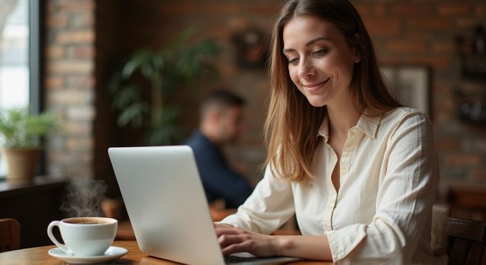 Een vrouw werkt geconcentreerd aan haar laptop in een café. Een vrouw werkt geconcentreerd aan haar laptop in een café aan een succesvol sexdating profiel.