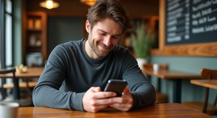 Een man geniet van zijn smartphone in een gezellige koffiebar. Een man kijkt op zijn smartphone naar een succesvol sexdating profiel in een gezellige koffiebar.