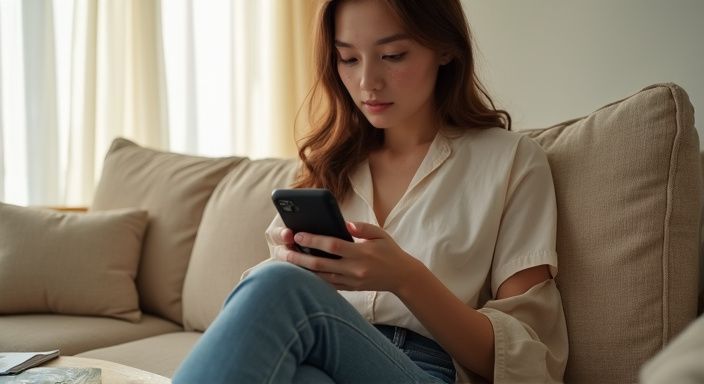 Een jonge vrouw zit ontspannen op een beige bank met een smartphone. Een jonge vrouw zit ontspannen op een beige bank met een smartphone.