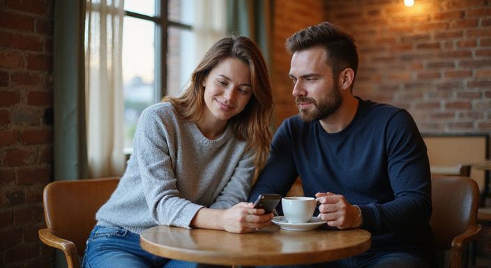 Een vrouw en man zitten samen aan een houten tafel in een koffiehuis. Een vrouw en man zitten samen aan een houten tafel in een koffiehuis.