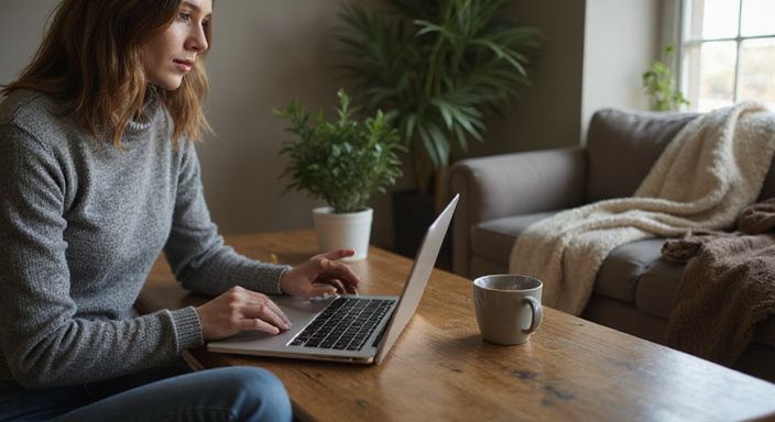 Een persoon in een grijs vest typt geconcentreerd op een laptop. Een persoon in een grijs vest typt geconcentreerd op een laptop.