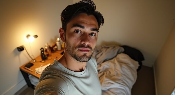 Een persoon in een rommelige slaapkamer neemt een selfie. Een persoon in een rommelige slaapkamer neemt een selfie.