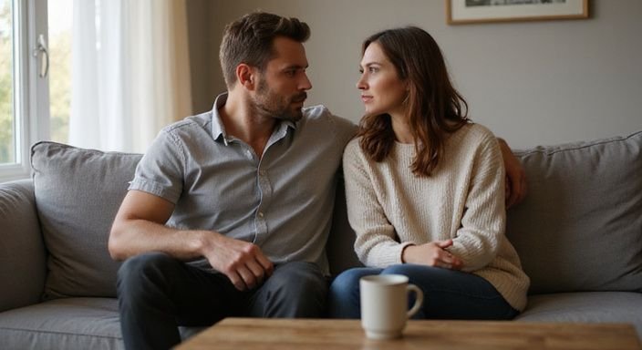 Een man en vrouw bespreken hun relatie op een bank. Een man en vrouw bespreken hun relatie op een bank.