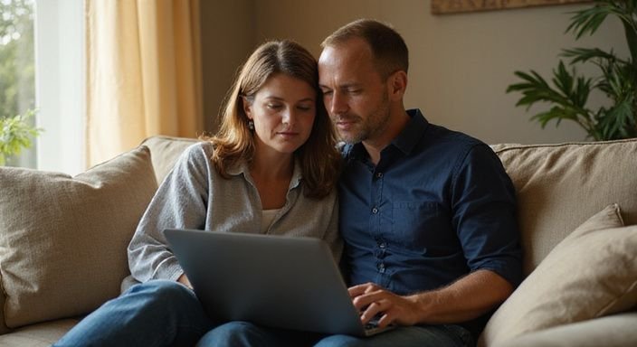 Een middelbare vrouw en man zitten samen op een bank, verdiept in een laptop. Een middelbare vrouw en man zitten samen op een bank, verdiept in een laptop.