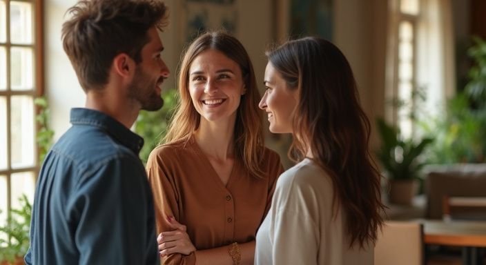 Twee stellen genieten van een ontspannen gesprek in een gezellige kamer. Twee stellen genieten van een ontspannen gesprek over swinger sexcontacten in een gezellige kamer.