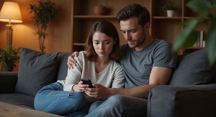 Een vrouw en een man zijn samen op de bank, verdiept in hun telefoons. Een vrouw en een man zijn samen op de bank, verdiept in hun telefoons op zoek naar swinger sexcontacten.
