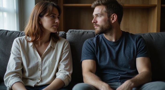 Een man en vrouw hebben een diepggaand gesprek op een bank. Een man en vrouw hebben een diepggaand gesprek over swinger sexcontacten op een bank.