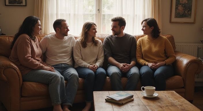 Groep stellen geniet van een intieme, gezellige bijeenkomst in de woonkamer. Groep stellen geniet van een intieme, gezellige bijeenkomst in de woonkamer.