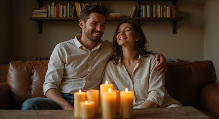Een man en vrouw zitten samen op een leren bank en lachen. Een man en vrouw zitten samen op een leren bank en lachen.
