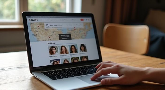 Vrouw zoekt man voor sexdate: Een laptop toont een datingwebsite met lokale profielen en zoekfunctie