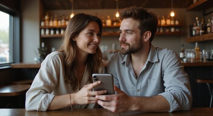 Een man en vrouw delen een intiem moment aan de bar. Een man en vrouw delen een intiem moment aan de bar.