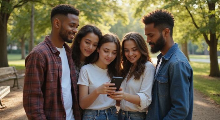 Vijf jonge volwassenen controleren hun leeftijden op een smartphone in het park. Vijf jonge volwassenen controleren hun leeftijden op een smartphone in het park.