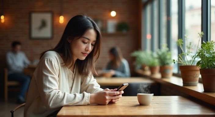 Een vrouw in een koffietentje, verdiept in haar smartphone. Een vrouw in een koffietentje, verdiept in haar smartphone.