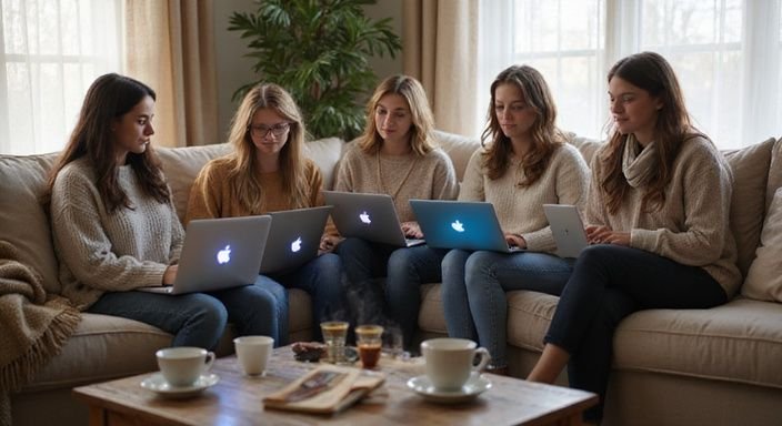 Vrouwen werken samen, ontspannen op een comfortabele bank met laptops. Vrouwen werken samen, ontspannen op een comfortabele bank met laptops.