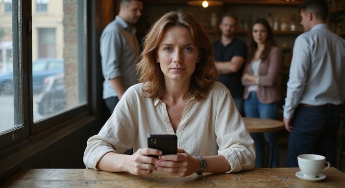 Een vrouw met een smartphone in een gezellig café. Vrouw zoekt man voor sexdate: Een vrouw met een smartphone in een gezellig café.