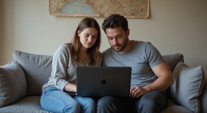 Een man en vrouw samenwerken op een laptop op de bank. Vrouw zoekt man voor sexdate: Een man en vrouw samenwerken op een laptop op de bank.