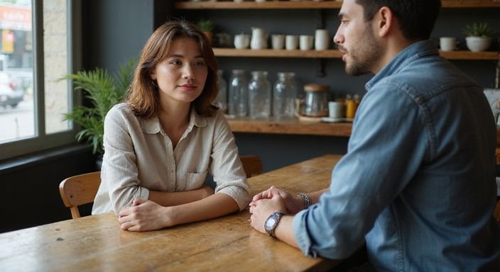 Een vrouw zit ontspannen aan een houten tafel in een café. Een vrouw zit ontspannen aan een houten tafel in een café.