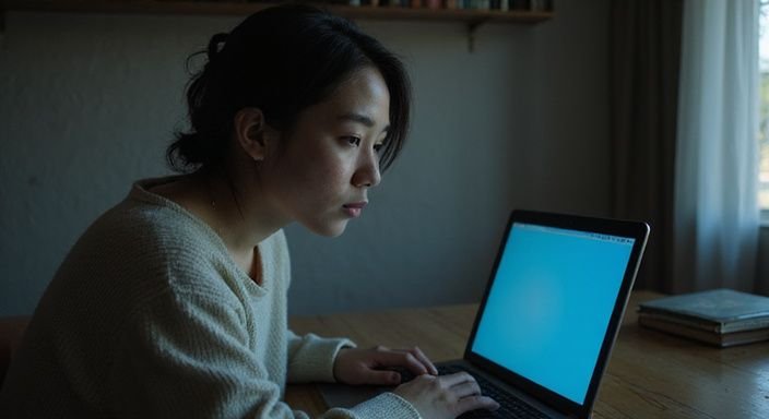 Een vrouw in een trui werkt geconcentreerd aan haar laptop. Een vrouw in een trui werkt geconcentreerd aan haar laptop.