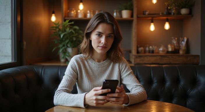 Een vrouw in een café kijkt geconcentreerd naar haar smartphone. Een vrouw in een café kijkt geconcentreerd naar haar smartphone.
