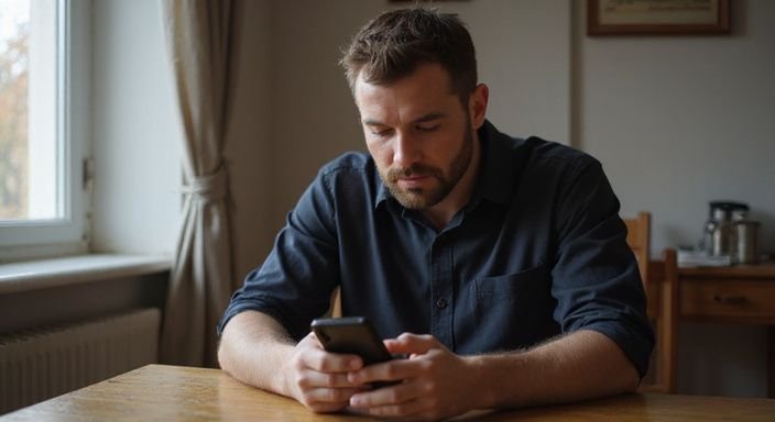 Een man in zijn dertig leest op zijn smartphone aan een tafel. Een man zoekt op zijn smartphone naar sexdating Drenthe.
