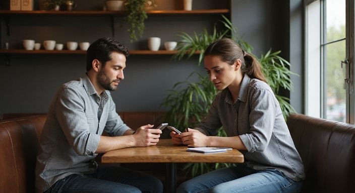 Twee personen scrollen ontspannend op smartphones in een café. Twee personen scrollen ontspannend op smartphones in een café op zoek naar sexdating Drenthe.