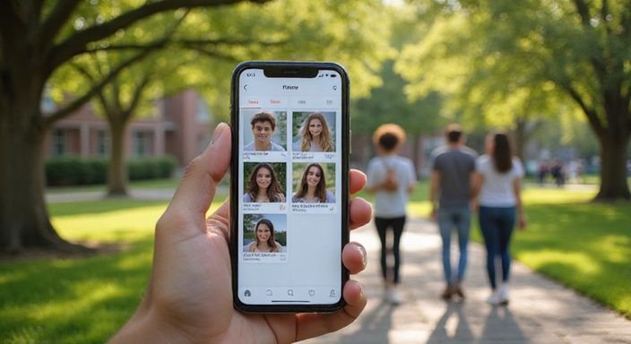 Een student gebruikt een dating-app op een smartphone op de campus. Een student gebruikt een dating-app voor sexdating Drenthe op een smartphone op de campus.