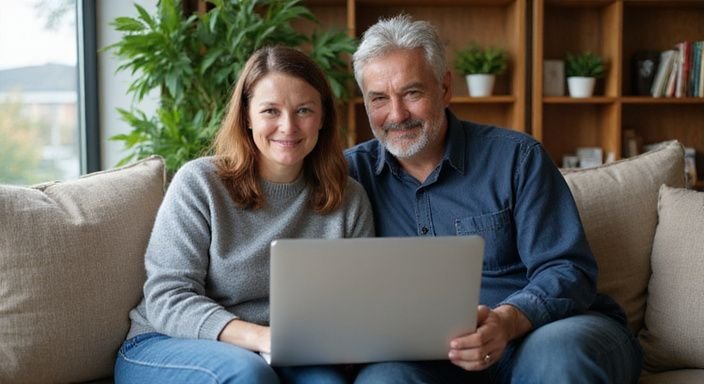 Een vrouw en man zitten samen op de bank met een laptop. Een vrouw en man zitten samen op de bank met een laptop.
