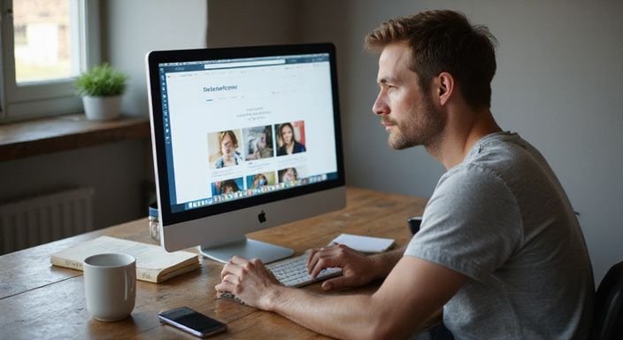 Een man werkt geconcentreerd aan zijn computer aan een bureau. Een man werkt geconcentreerd aan zijn computer aan een bureau.