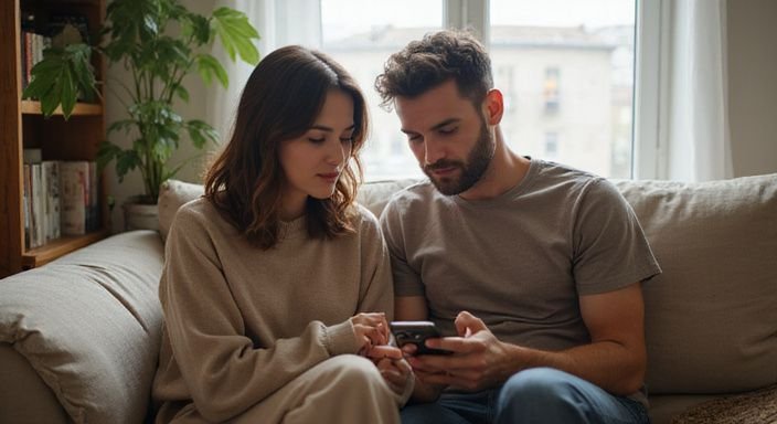 Twee volwassenen zitten samen op een bank en bekijken een datingapp. Twee volwassenen zitten samen op een bank en bekijken een datingapp.