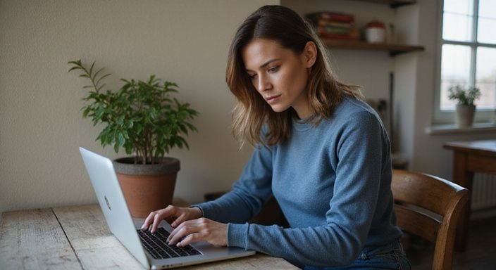 Een vrouw zit rustig achter een houten bureau met een laptop. Een vrouw zit rustig achter een houten bureau met een laptop.