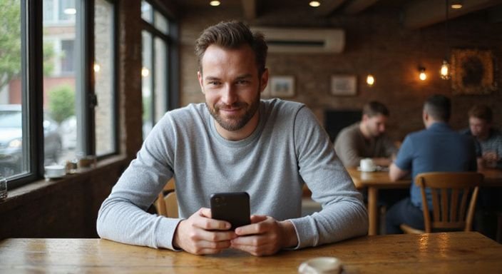 Een man in een café, verdiept in zijn smartphone. Een man in een café, verdiept in zijn smartphone en zoekt sexdating in Friesland.