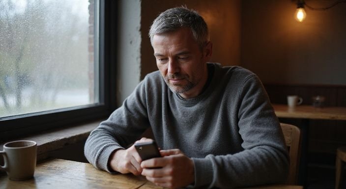 Een middeljarige man bekijkt een datingapp in een café. Een middeljarige man bekijkt een datingapp voor sexdating in Friesland in een café.