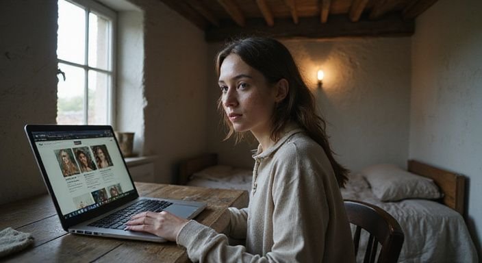 Een vrouw gebruikt een laptop in een traditionele Friese slaapkamer. Een vrouw gebruikt een laptop in een traditionele Friese slaapkamer.