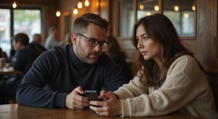 Een man en vrouw delen een intiem gesprek in een café. Een man en vrouw delen een intiem gesprek over sexdating in Friesland in een café.