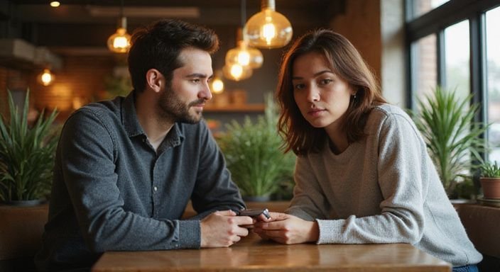 Een man en vrouw zitten samen aan een tafel in een café. Een man en vrouw zitten samen aan een tafel in een café.