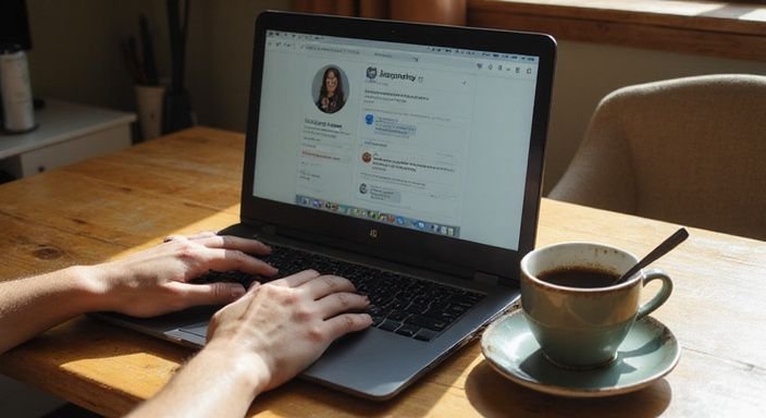 Een persoon werkt geconcentreerd aan een laptop in een gezellige thuiswerkplek. Een persoon werkt geconcentreerd aan een laptop in een gezellige thuiswerkplek.