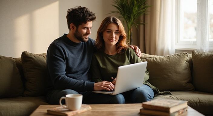 Een man en vrouw werken samen ontspannen op laptops op een bank. Een man en vrouw werken samen ontspannen op laptops op een bank.