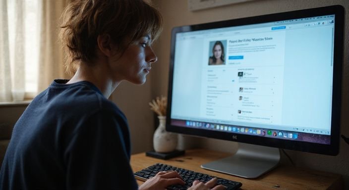 Een jonge vrouw werkt gefocust aan haar computer voor een datingwebsite. Een jonge vrouw werkt gefocust aan haar computer voor een datingwebsite voor sexdating in Friesland.