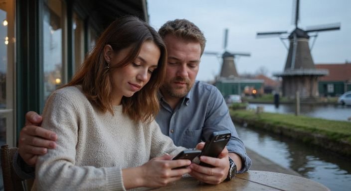 Een stel bekijkt een datingapp aan een café-tafel in Friesland. Een stel bekijkt een datingapp voor sexdating in Friesland aan een café-tafel in Friesland.