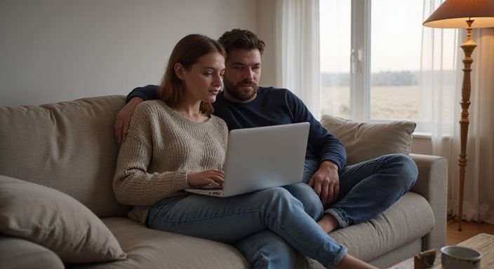 Een man en vrouw delen een intieme moment achter een laptop. Een man en vrouw delen een intieme moment achter een laptop.