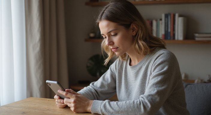 Een vrouw in grijze trui werkt geconcentreerd aan haar smartphone. Een vrouw in grijze trui werkt geconcentreerd aan haar smartphone.