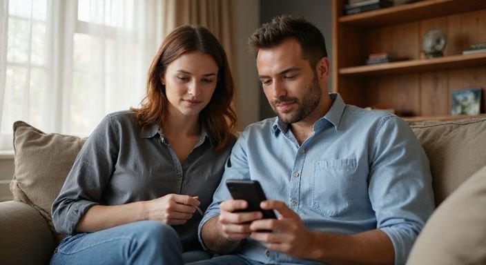 Een man en vrouw verkennen samen een datingapp op hun smartphone. Een man en vrouw verkennen samen een datingapp op hun smartphone.