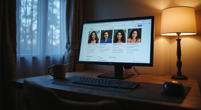 Een computer toont profielen op een online datingplatform voor sexdating in Gelderland in een rustige kamer.