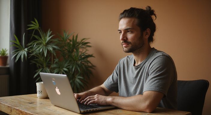 Een persoon voert een casual videogesprek aan een houten bureau.