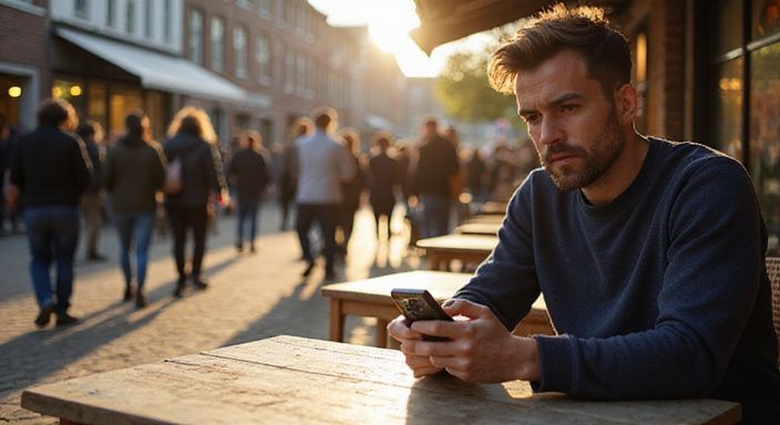 Een man zit nerveus aan een tafeltje in het plein.