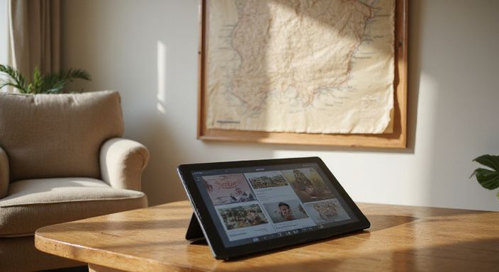 Een tablet met advertenties voor volwassen diensten op een houten tafel.