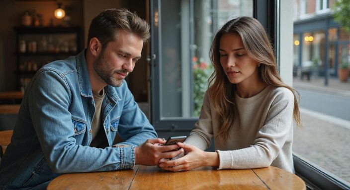 Een stel in een café, verdiept in hun telefoons willen sexdating in Gelderland.